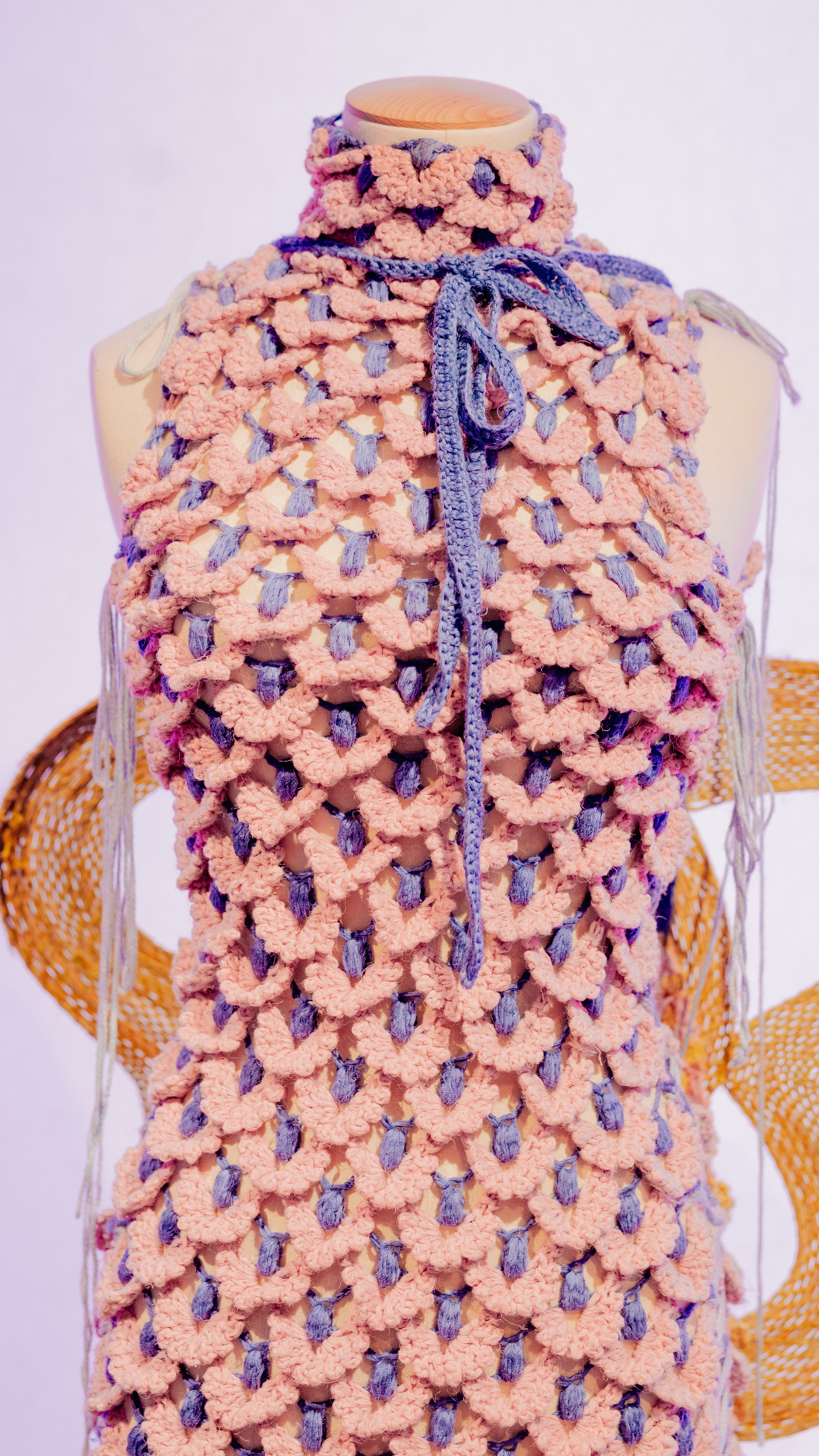 Look 1, LA ZARZAMORA from REGENERATIVE FOLKLORE ,  showcased at LVMH’s LIFE 360 Summit at UNESCO.  Pink and purple crochet dress using signature ACIEN coronation crochet textile, made from pineapple yarn.