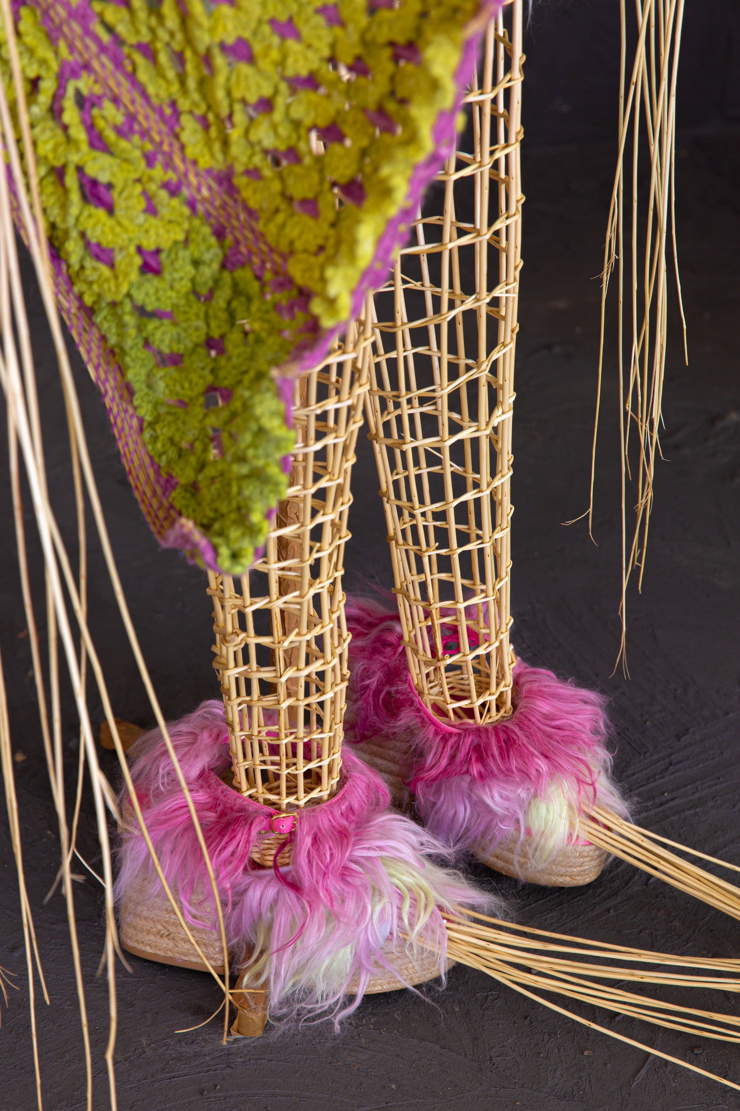 Close up of pink fur implanted open toe wedges from look 4, ABANICOS from REGENERATIVE FOLKLORE.